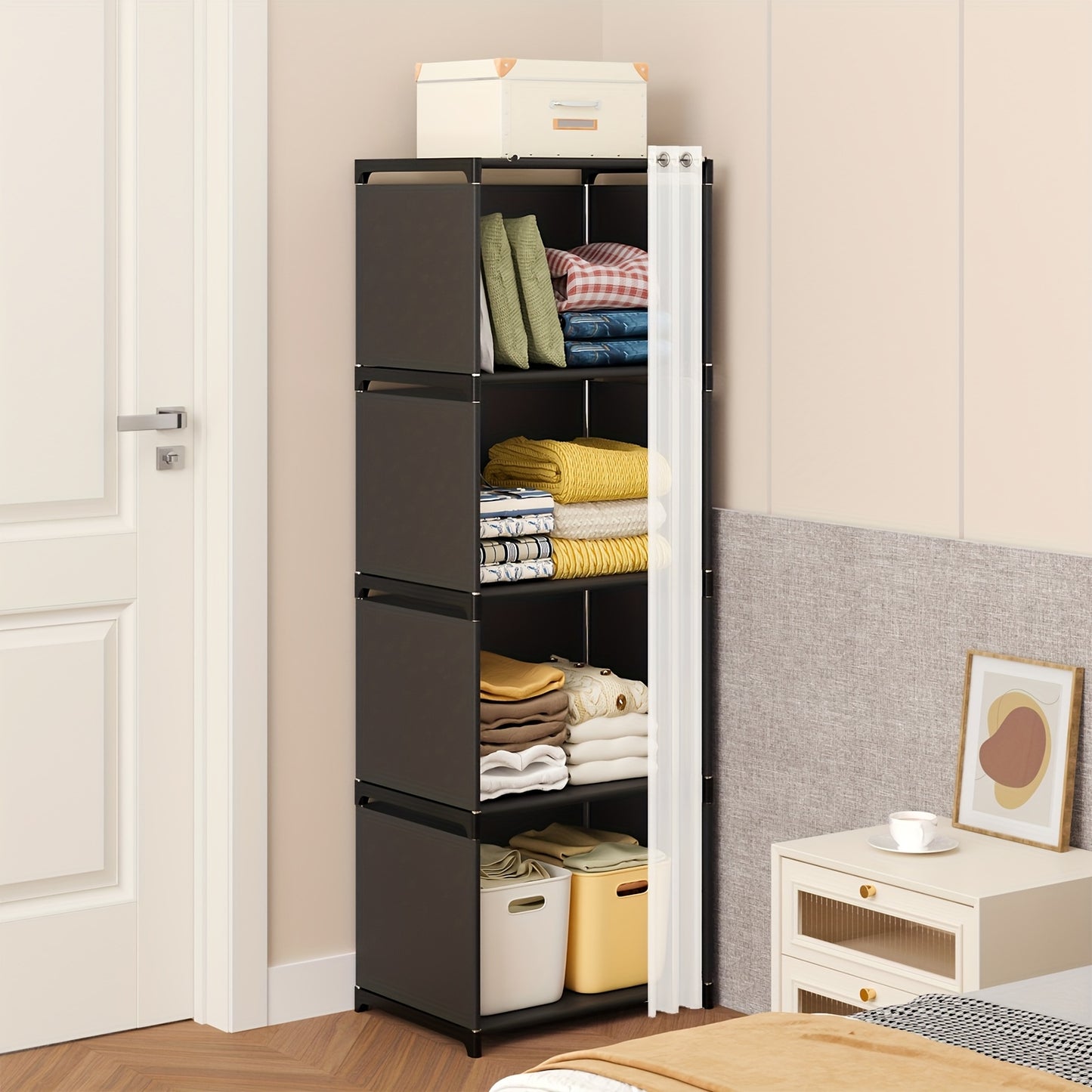 Black/White TOMNK 5/6-Tiers Floor-Standing Bookshelf Organizer, Multi-Functional Open Shelf for Offices, Classrooms, Rental Houses, Dormitories And Living Room, Home Simple Clothing Storage Cabinet, 4/10 Lattice Wardrobe Stor