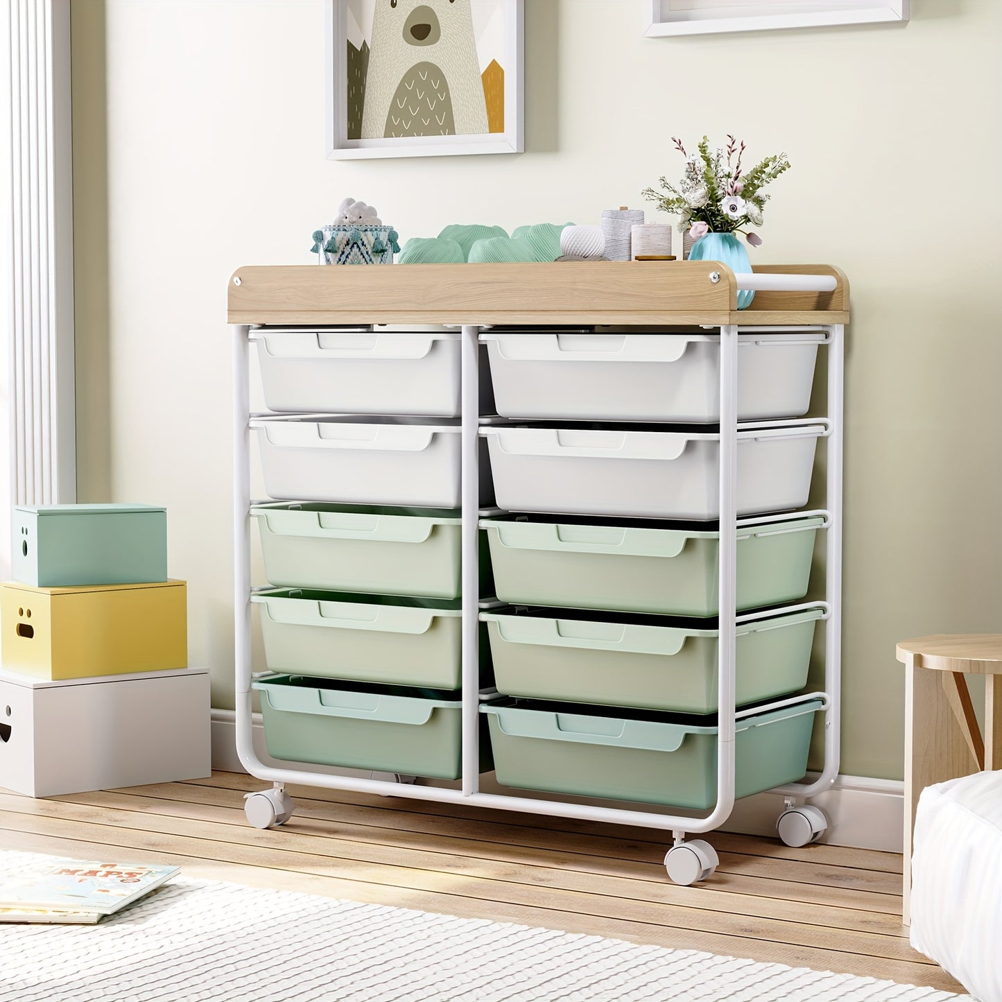 [Versatile Rolling Storage Cart] TOOLF 10-Tier Rolling Storage Cart with Large Drawers & Tabletop - Multi-Purpose Mobile Organizer for Home, Office, Classroom - Easy-to-Move Wheels, 3.2+ Cubic Feet Capacity, 27" Height, Metal