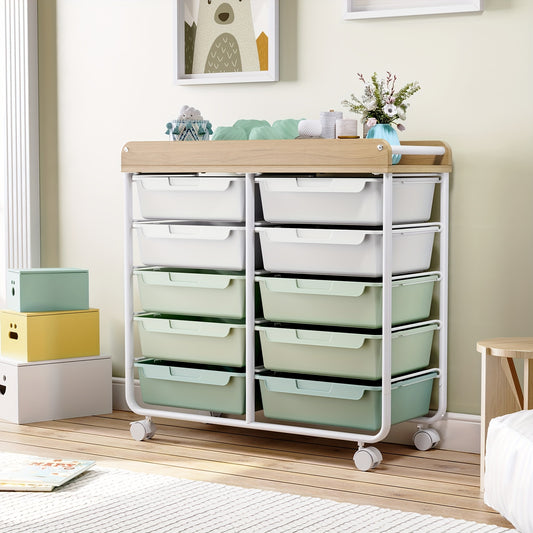 [Versatile Rolling Storage Cart] TOOLF 10-Tier Rolling Storage Cart with Large Drawers & Tabletop - Multi-Purpose Mobile Organizer for Home, Office, Classroom - Easy-to-Move Wheels, 3.2+ Cubic Feet Capacity, 27" Height, Metal