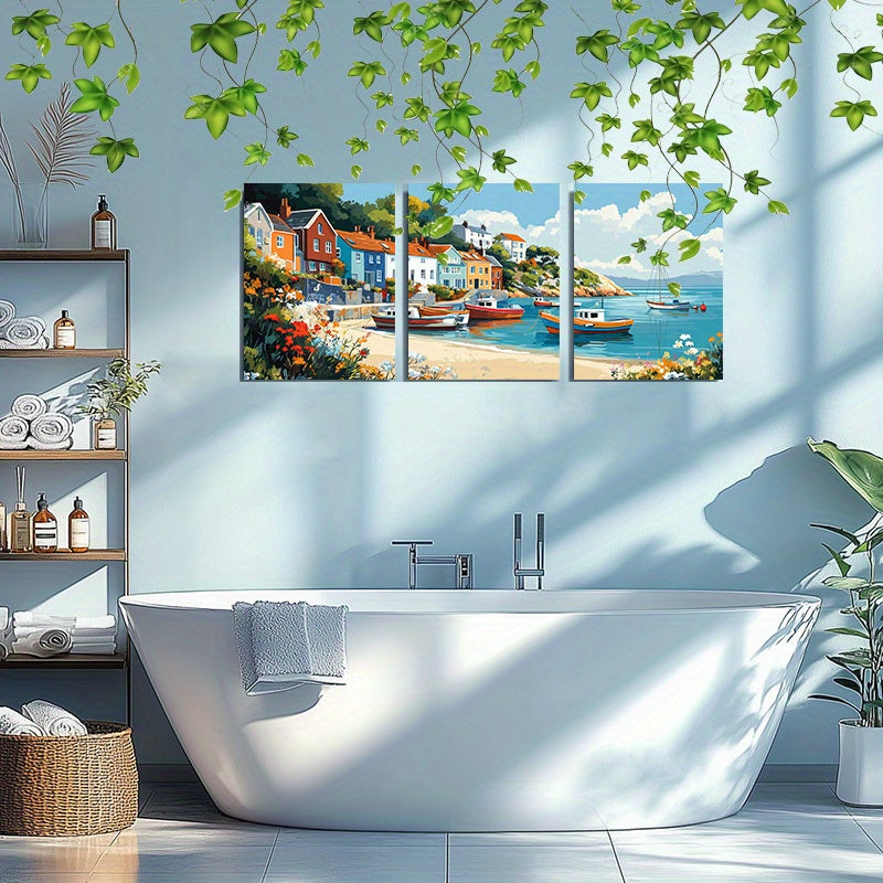 Coastal Village Canvas Wall Art - 3pcs Framed Boat and Seaside Town Print Set - 12x16 Inch Ready to Hang Paintings for Living Room, Dining Area Decoration
