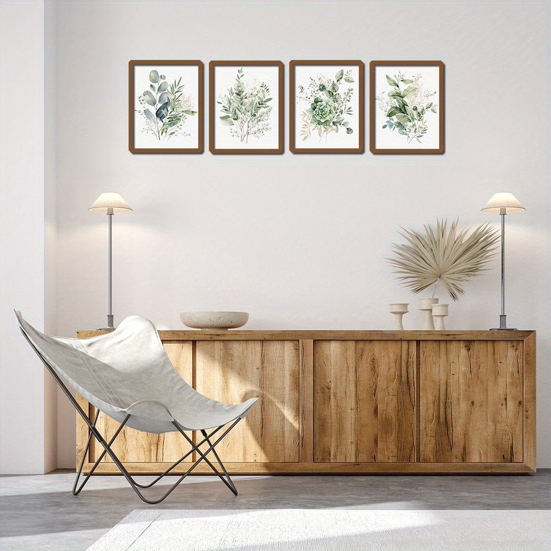 2D Flat 4pcs Frameless Sage Green Plant Wall Art Bohemian Floral Floral Wall Decoration Print, Sage Green Wildflower Wall Art, Bedroom Bathroom Farmhouse Modern Flower Plant Decoration Wall Art Printing Posters Wall Decor Pri