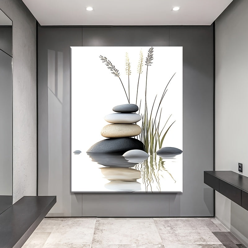 [Bohemian Wall Art] 1pc Solid Wood Framed Canvas Poster - Waterproof Durable Wall Art with Tranquil Stacked Stones & Grasses Design, Contemporary Bohemian Modern Style for Living Room, Bathroom Decor, Spring Holiday Gift for