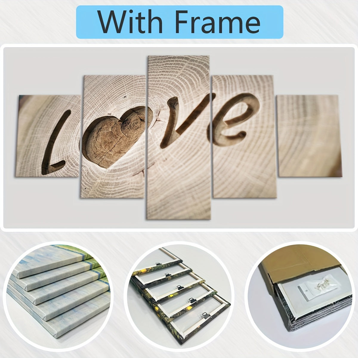 5pcs Love Tree Ring Canvas Art Set - Modern Wood Engraved Wall Decor, Waterproof & Odorless, Ideal for Bedroom, Living Room, Kitchen, Dorm - Perfect Gift for Family & Friends, Living Room Art|Modern Wall Art|Waterproof Print,