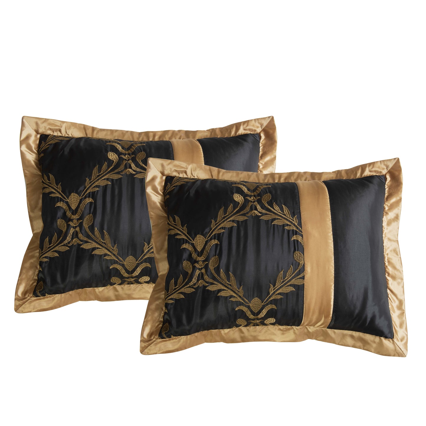 7 Piece Classic Embroidery Comforter Set King/Queen- Black And Silver Faux Silk Fabric Embroideried-1 Comforter, 2 Shams, 3 Decorative Pillows, 1 Bedskirt
