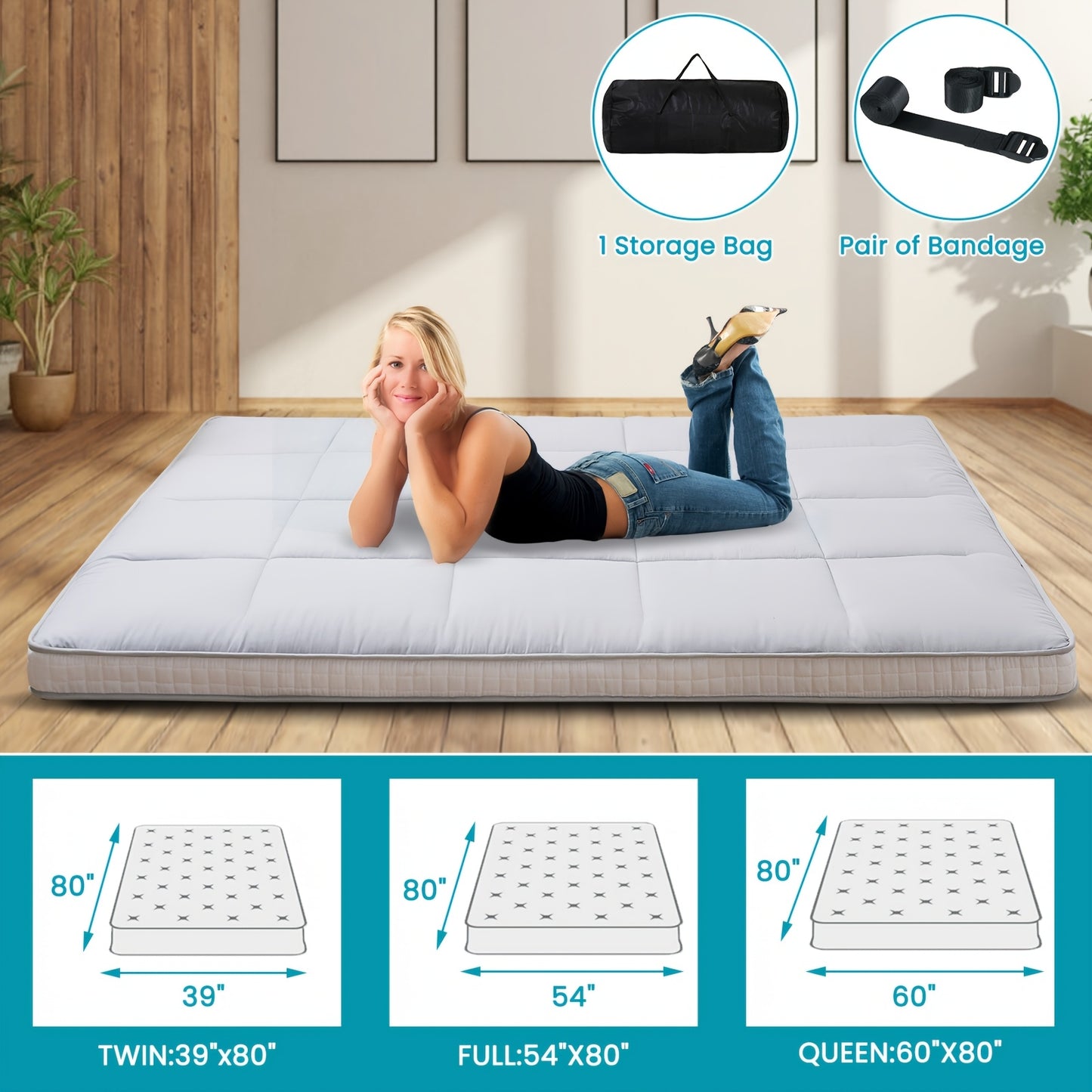 LILYPELLE 4" Extra Thick Japanese-Style Floor Mattress - Memory Foam Foldable Roll-Up Design, Portable with Carrying Bag, Machine Washable for Camping, Travel, Guest Bed & Home Use, Home Sleeping Mat | Portable Mattress | Mem