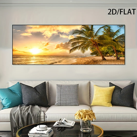 2D Flat, 1pc Modern Tropical Beach Sunset Canvas Wall Art - Large Palm Tree & Ocean View Poster, Frameless Indoor Living Room Decor, Vibrant Palm Tree Decor, 2D Flat