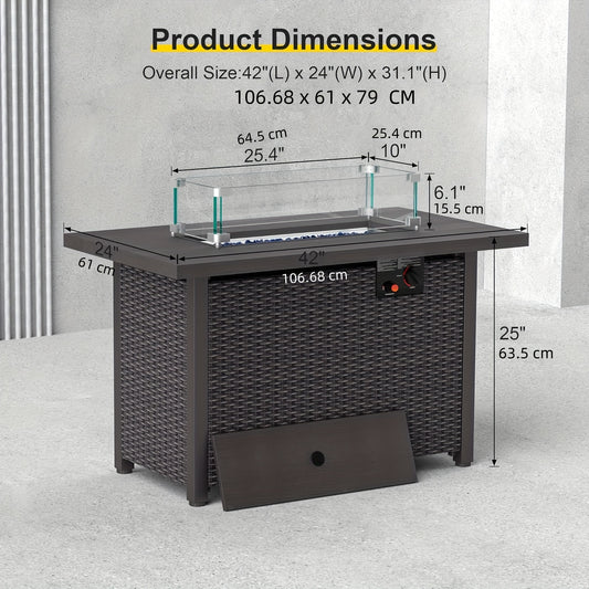42" Propane Fire Pit Table, 50, 000 BTU, Brown Rattan and Metal with Glass Windshield, Lid, and Blue Glass Stones - Ideal for Outdoor Patio Use