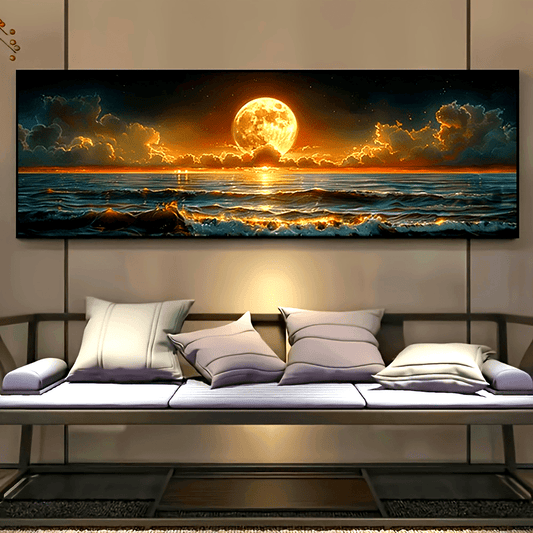 1pc Moonlight Sea View Canvas Poster - Frameless, Nostalgic Farmhouse Style Wall Art, Vibrant Ocean & Full Moon Print, Perfect for Kitchen, Home Office, Bathroom, Living Room, Bedroom - Indoor & Outdoor Decor, Coastal Home De