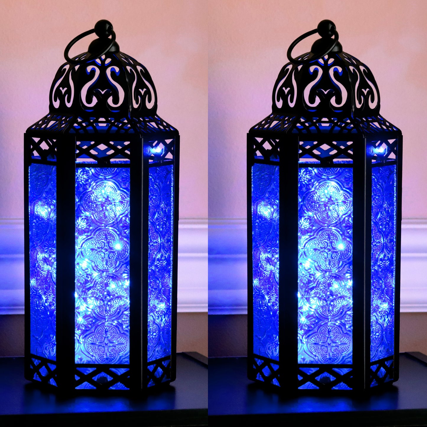 Stunning Ambient Lighting Safe and Stylish Glass Metal Moroccan Candle Lantern Holder Lamp with Battery-Operated LED Lights plus Remote Control – Handcrafted Lantern with Intricate Design and Embossed Glass, Indoor Home Dec