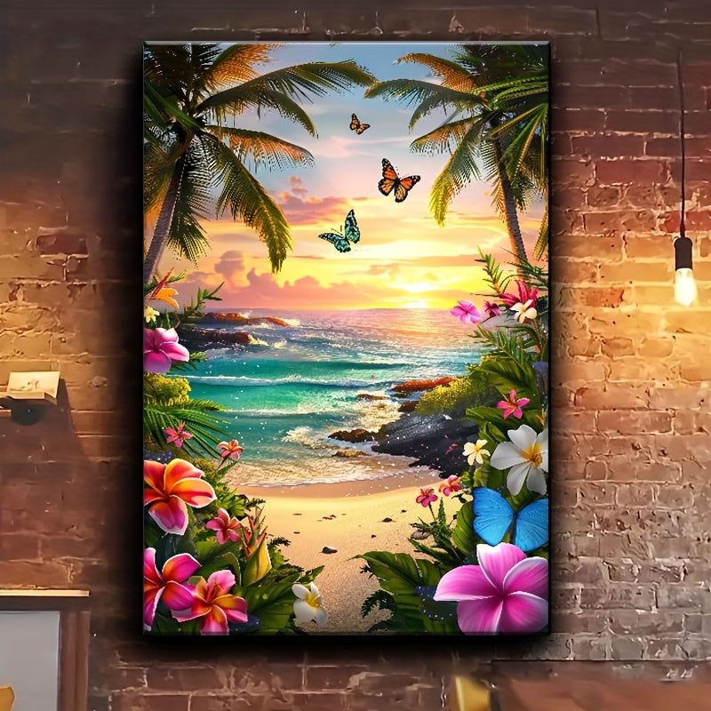 1pc Tropical Beach Canvas Painting - Sunset Palm Trees, Turquoise Ocean & Floral Shoreline - Wooden Framed Coastal Wall Art Decor for Living Room, Bedroom, Bathroom - Ready-to-Hang Paradise Decorations, Detailed Artwork