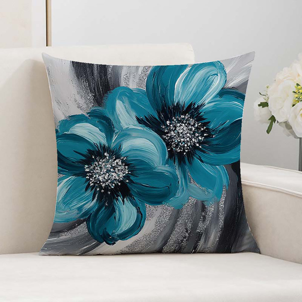 4pcs Large Floral Cushion Covers - Teal Blue & Gray Floral Farmhouse Decor, Zipper Closure Pillow Cases, Machine Washable Polyester Cushion Covers for Living Room, Bedroom, Patio - Modern Home Accents, Farmhouse Pillow Covers