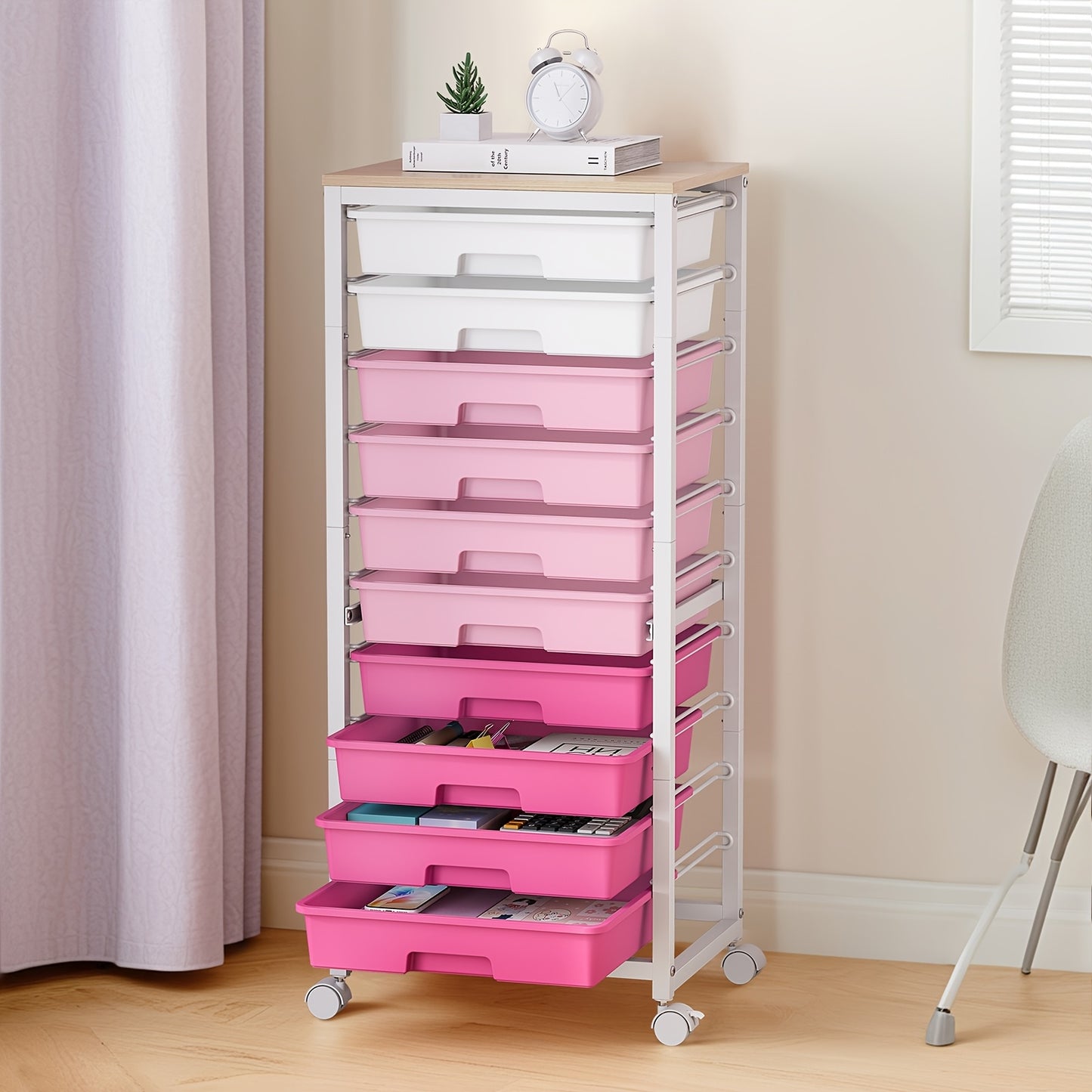 KINGRACK 10-Drawer Heavy-Duty Metal Rolling Storage Cart with Lockable Wheels & Tabletop - White & Pink Mobile Organizer with 10-Tier Drawers, Space-Saving Design for Home, Office, Classroom, Craft Room - Sturdy 4-Wheel Utili
