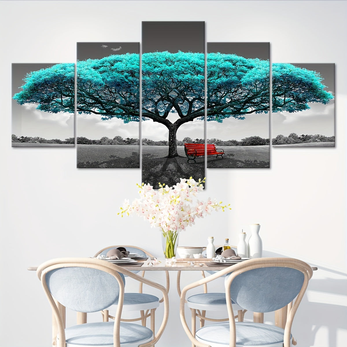 5pcs Frame Green Happiness Tree Canvas Poster, Five Panel Scene Art, Modular Picture, Print Painting, Modern Art, Ideal Decor for Bedroom Living Room Kitchen Dorm, Wall Decoration, Gift for Family Friends, Murals, Waterproof,