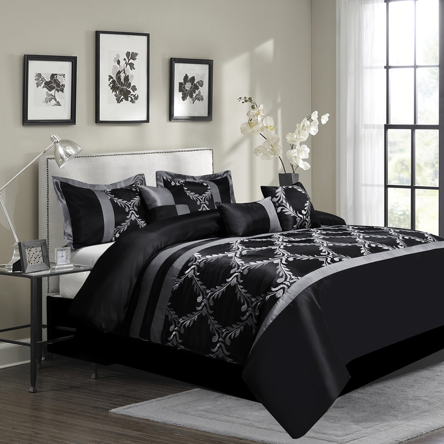 7 Piece Classic Embroidery Comforter Set King/Queen- Black And Silver Faux Silk Fabric Embroideried-1 Comforter, 2 Shams, 3 Decorative Pillows, 1 Bedskirt