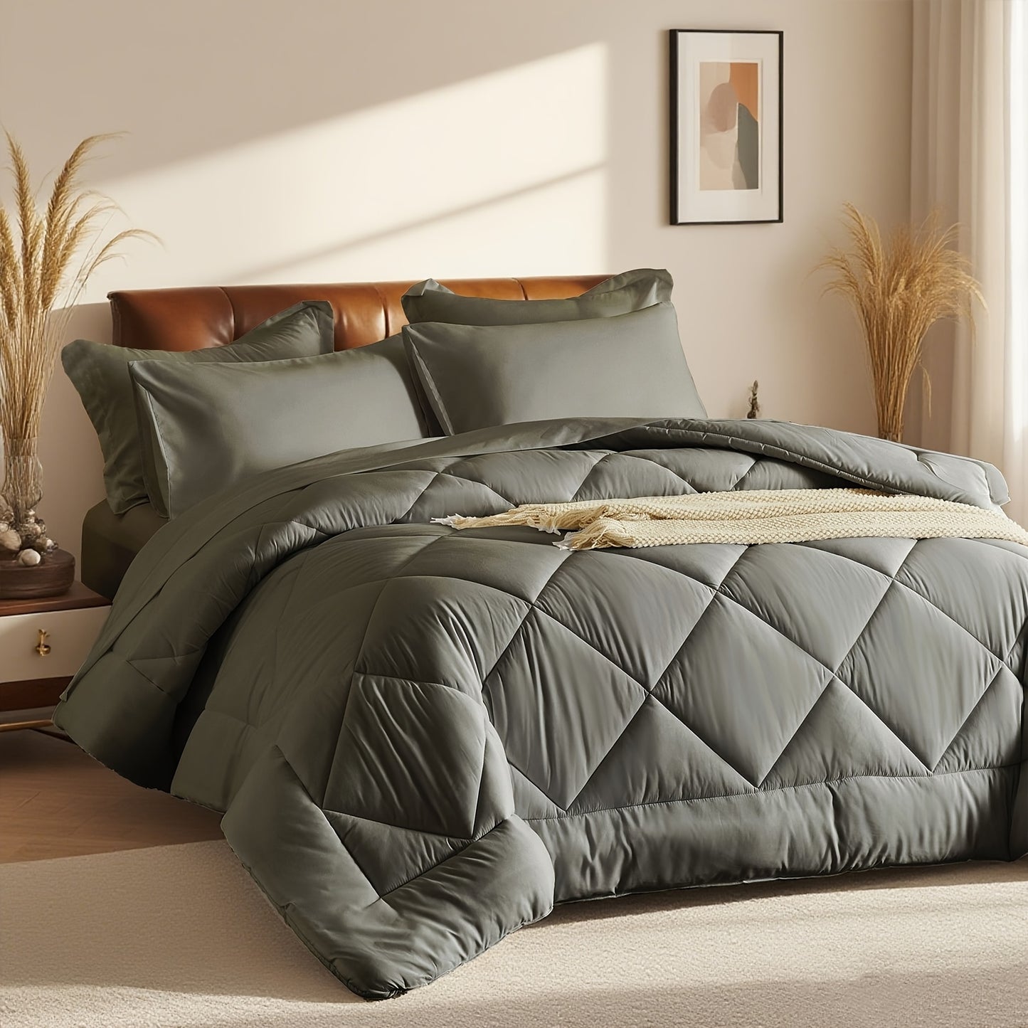 5pcs or 7pcs Geometric Quilted Rectangular Comforter Sets Queen - Soft & Comfortable All-Season Bedding Set with Wrapped Mattress, High-End Hotel Dorm Decor, Includes Comforter Pillowcase, Flat Sheet, Fitted Sheet, Microfiber