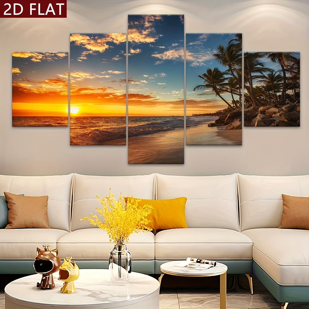2D Flat, [2D FLAT] 5pcs Frame Sunset Sea View Beach Coconut Trees Canvas Poster, Five Panel Scene Art, Modular Picture, Modern Art, Ideal Decor for Bedroom Living Room Kitchen Dorm, Wall Decoration, Gift for Family Friends, M