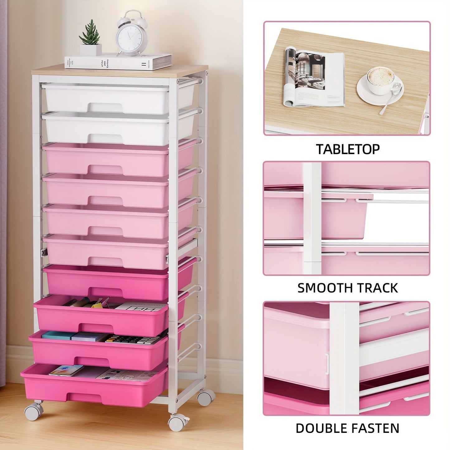 KINGRACK 10-Drawer Heavy-Duty Metal Rolling Storage Cart with Lockable Wheels & Tabletop - White & Pink Mobile Organizer with 10-Tier Drawers, Space-Saving Design for Home, Office, Classroom, Craft Room - Sturdy 4-Wheel Utili