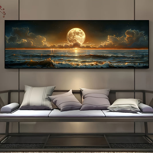 Classic Retro Farmhouse Style Moonlit Sea Landscape Canvas Poster Art Print, Frameless Transverse Wall Decor for Kitchen, Home Office, Bathroom, Living Room, Bedroom - Indoor & Outdoor Suitable-Father's Day Gift