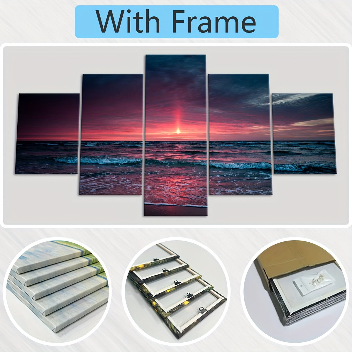 5pcs Frame Nature Seaside Lakes Canvas Poster, Sunrise Sunset Sea View Five Panel Scene Art, Modular Picture, Print Painting, Modern Art, Ideal Decor for Bedroom Living Room Kitchen Dorm, Wall Decoration, Gift for Family Frie