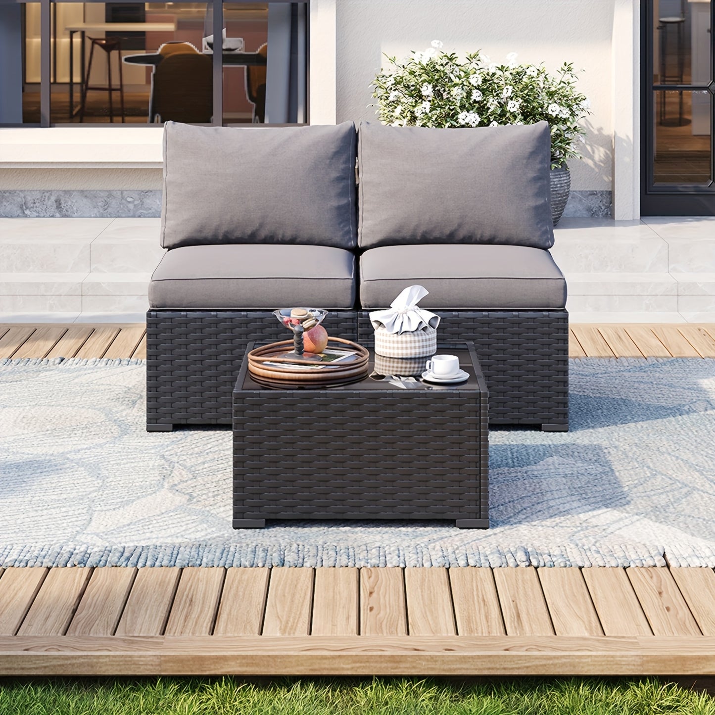 Oneinmil 3 & 8pcs Outdoor Sectional Patio Furniture Set with Fire Pit Table | L-Shaped Wicker Rattan Conversation Set | 4" Thick Waterproof Cushions for All-Weather Seating - Patio Furniture Outdoor for Deck, Garden, Poolside