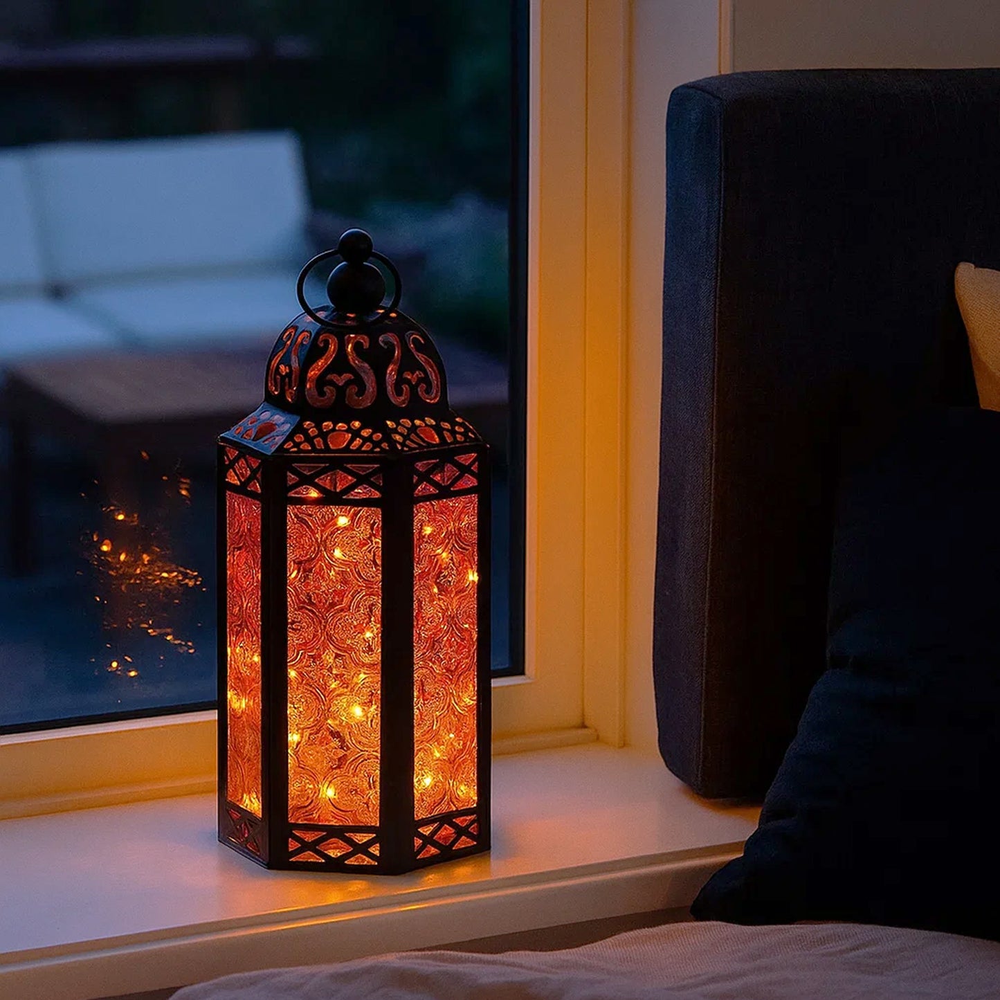 Stunning Ambient Lighting Safe and Stylish Glass Metal Moroccan Candle Lantern Holder Lamp with Battery-Operated LED Lights plus Remote Control – Handcrafted Lantern with Intricate Design and Embossed Glass, Indoor Home Dec
