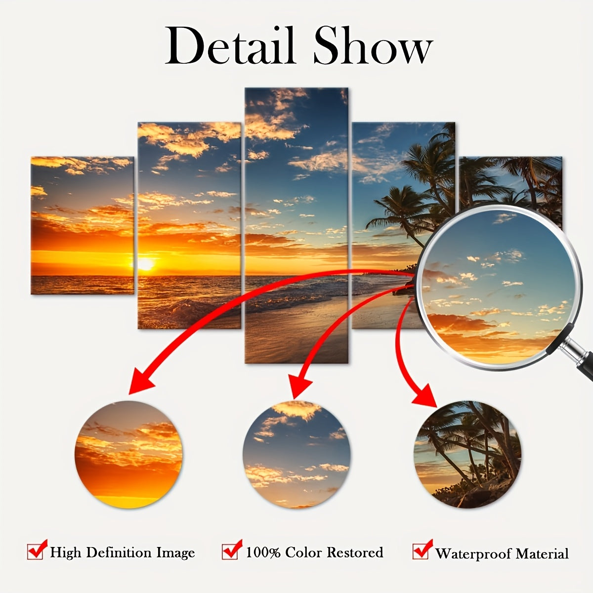 2D Flat, [2D FLAT] 5pcs Frame Sunset Sea View Beach Coconut Trees Canvas Poster, Five Panel Scene Art, Modular Picture, Modern Art, Ideal Decor for Bedroom Living Room Kitchen Dorm, Wall Decoration, Gift for Family Friends, M
