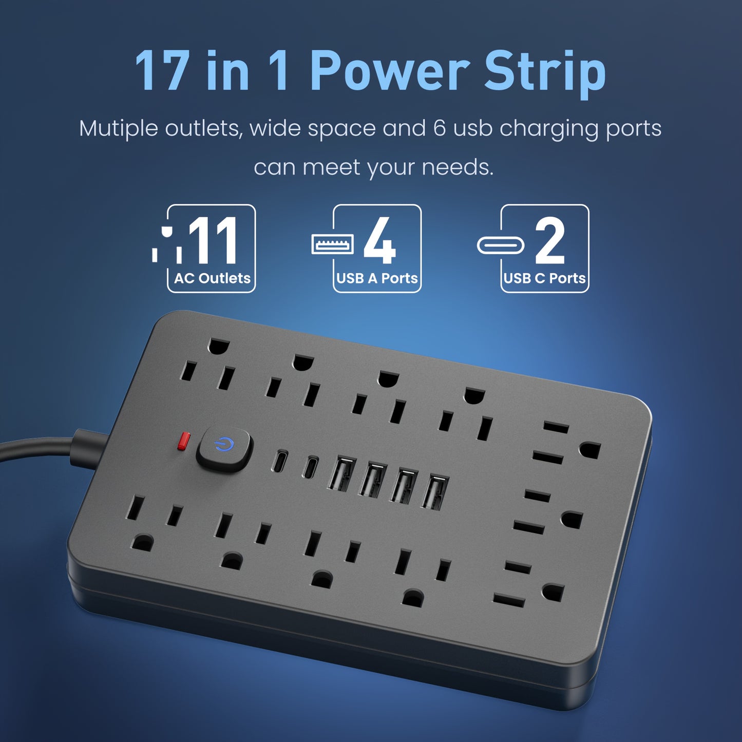 17-in-1 Power Strip - 11 Outlets, 6 USB Ports (4A & 2C), Flexible Cord, Wall Mountable, Surge Protection for Home, Office, Dorm, Desktop Charging Station