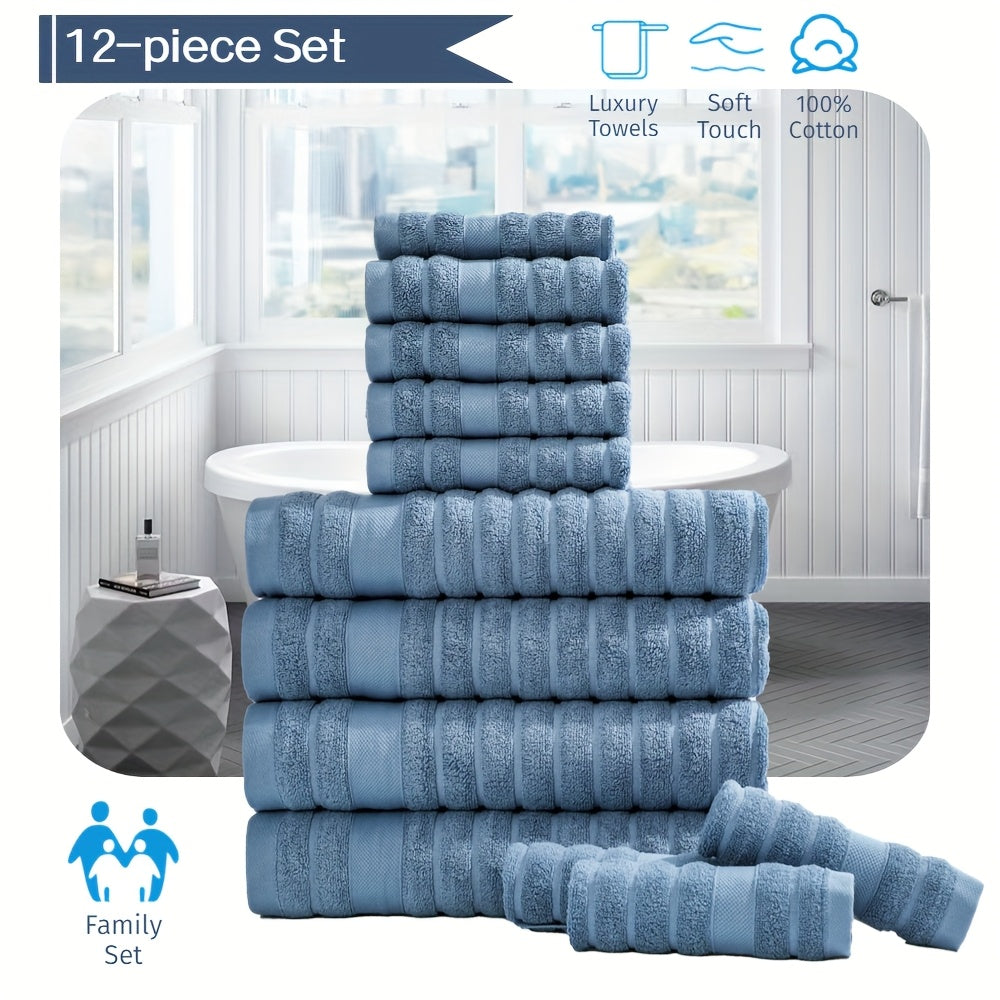 12pcs Cotton Towels Set, 4 Washcloths + 4 Hand Towels + 4 Bath Towels, Bath Line Sets, Festive Bathroom Decor And Gift, Travel Essential ItemsStripe, 400GSM, Quick-drying, Soft And Comfortable, Bathroom Accessories, Towel For