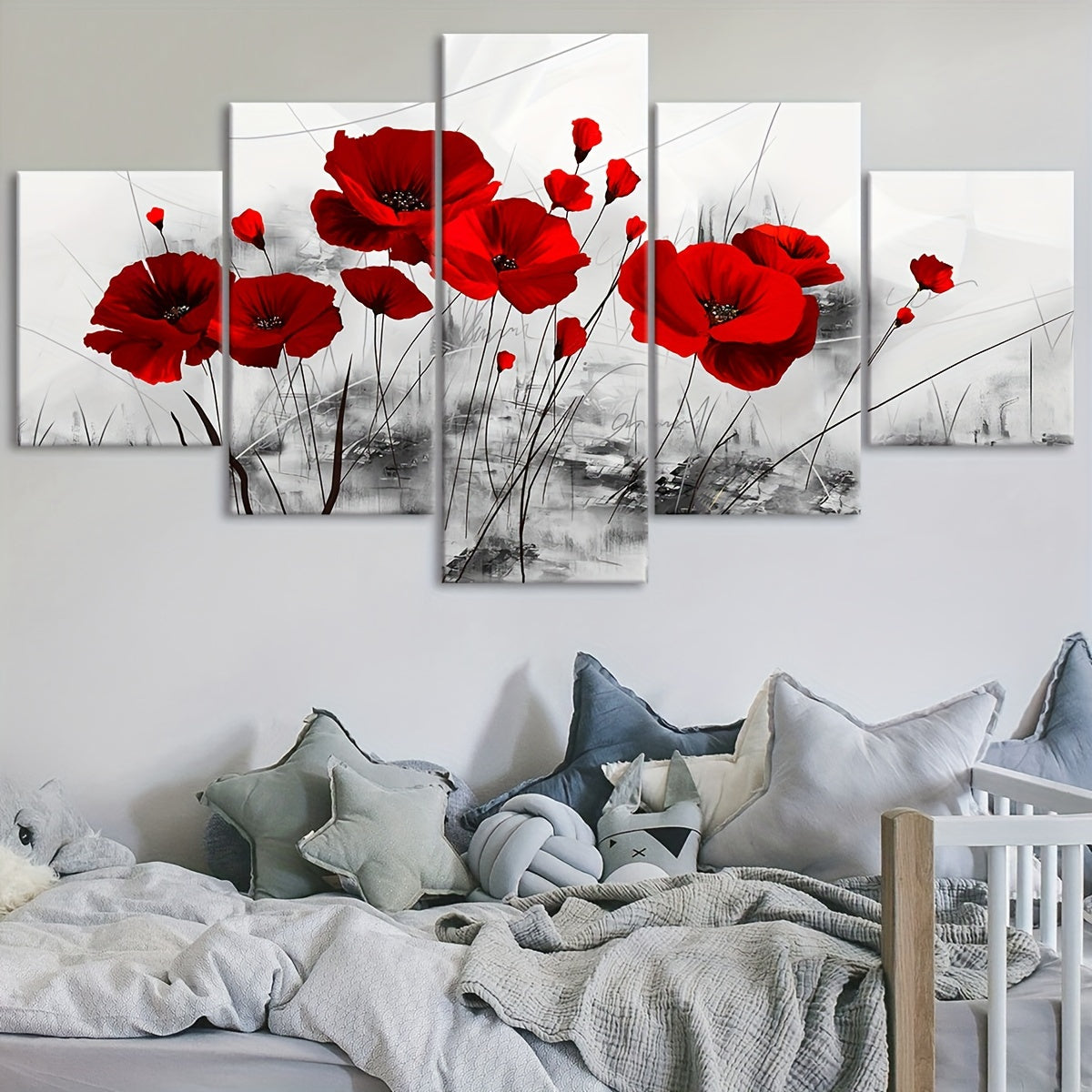 5pcs Modern Red Poppy Canvas Art Set - Vibrant Five-Panel Wall Decor, Waterproof & Odorless, Perfect for Living Room, Bedroom, or Kitchen, Ideal Gift for Family and Friends, Poppy Flower Decor